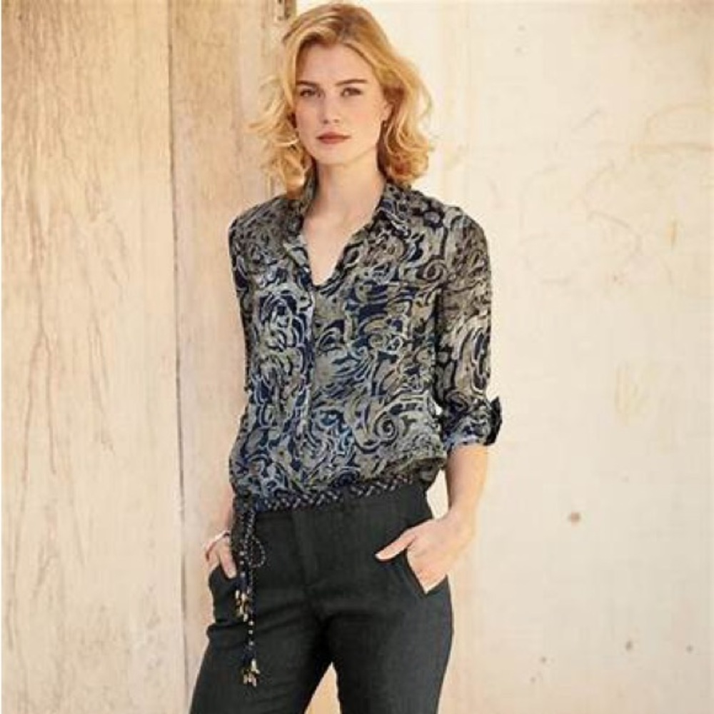 Peruvian Connection Clarisse Swirl Top Blouse Shirt Viscose Blue Gray Womens M